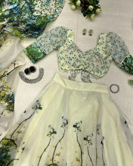 Graceful Pista Green Organza Silk Floral Printed Lehenga Choli Set - Ethnicwish