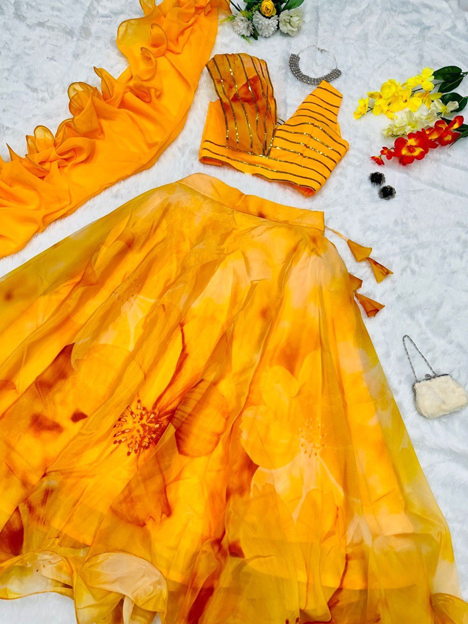 Fabulous Beautiful Flower Printed Organza Silk Lehenga Choli - Ethnicwish