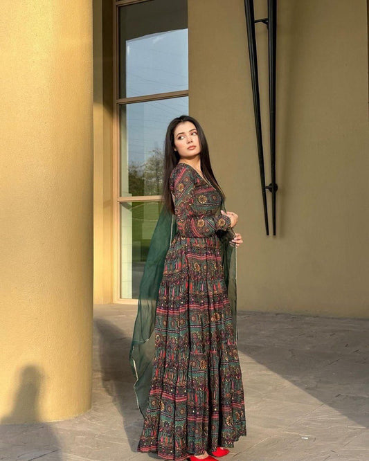 Alluring Mehendi Green Digital Printed Fully Flared Gown With Dupatta - Ethnicwish