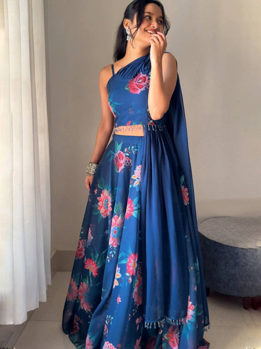 Blue Fully Stitched Floral Digital Printed Georgette Lehenga Set