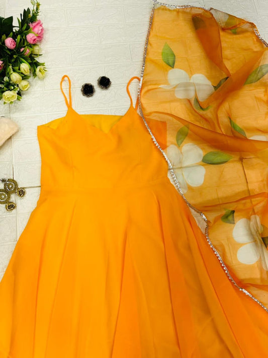 Resplendent Georgette Plain Gown With Floral Dupatta Set - Ethnicwish