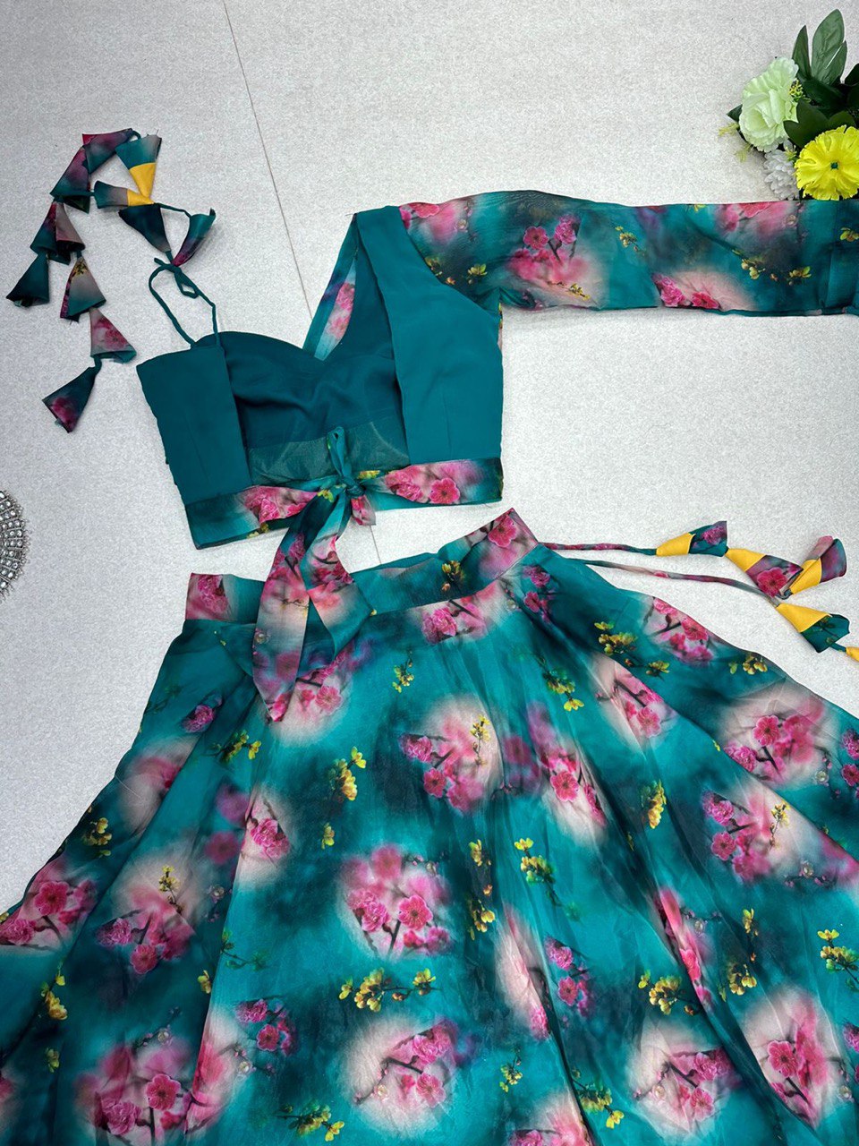 Spectacular Rama Organza Silk Floral Printed Lehenga Choli Set - Ethnicwish