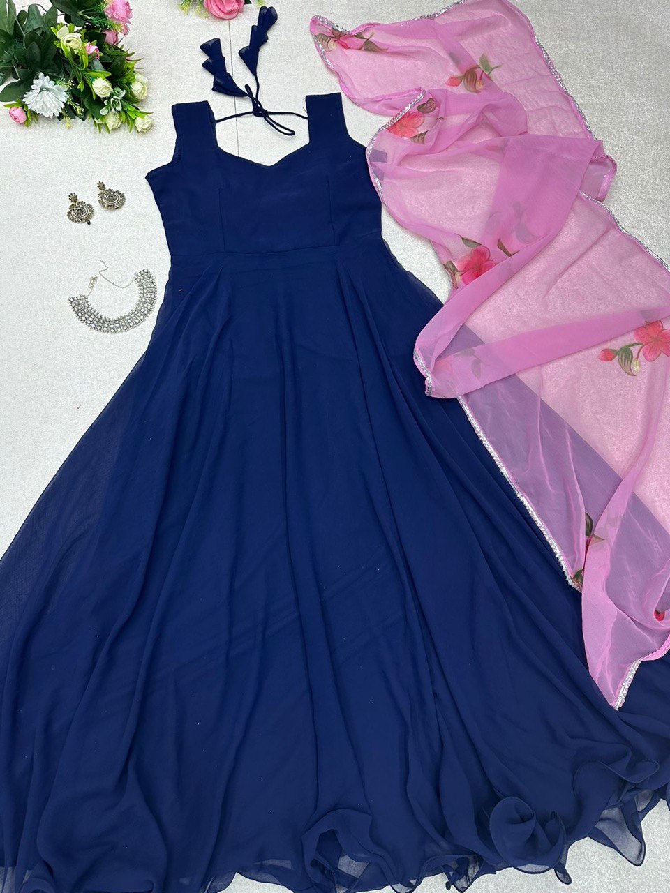 Enamoring Georgette Plain Gown With Floral Dupatta Set - Ethnicwish