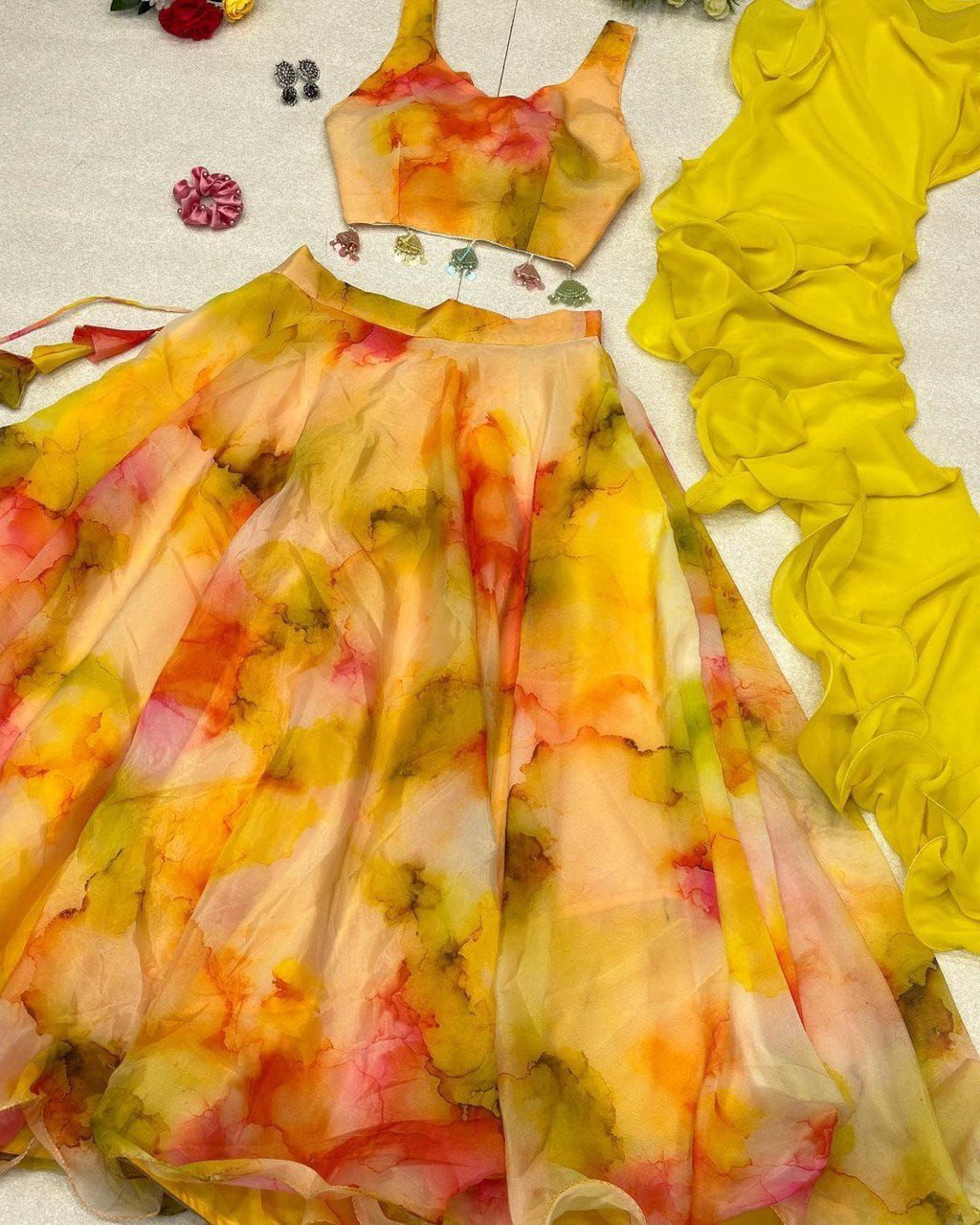 Winsome Yellow Organza Silk Floral Printed Stitched Lehenga Choli Set - Ethnicwish