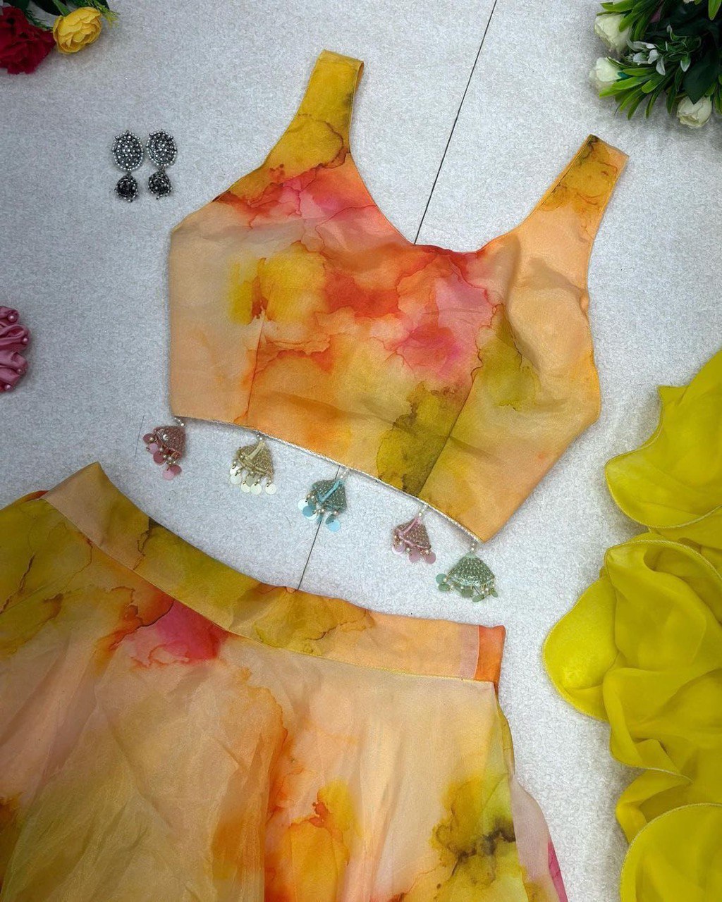 Winsome Yellow Organza Silk Floral Printed Stitched Lehenga Choli Set - Ethnicwish
