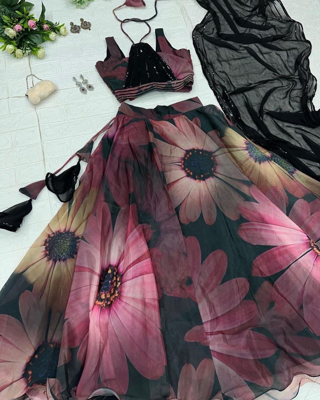 Classy Black Organza Silk Floral Printed Stitched Lehenga Choli Set - Ethnicwish