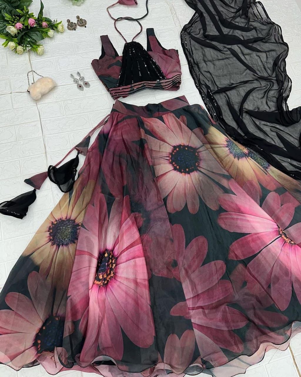 Classy Black Organza Silk Floral Printed Stitched Lehenga Choli Set - Ethnicwish