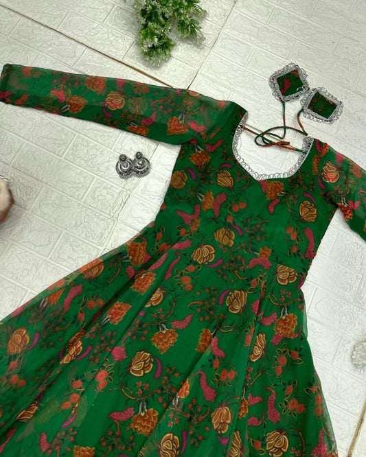 Delightful Green Georgette Floral Digital Printed Gown With Dupatta - Ethnicwish