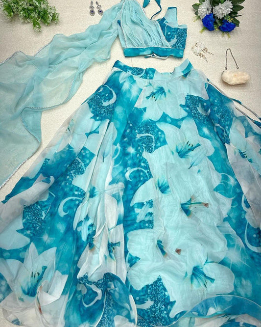 Sky Blue Floral Organza Silk Lehenga Choli Set – Elegant & Festive Wear - Ethnicwish
