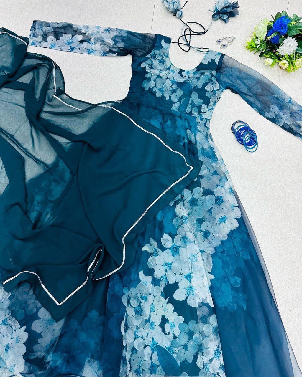 Mesmerizing Organza Silk Digital Printed Gown with Dupatta – For Elegant Events - Ethnicwish