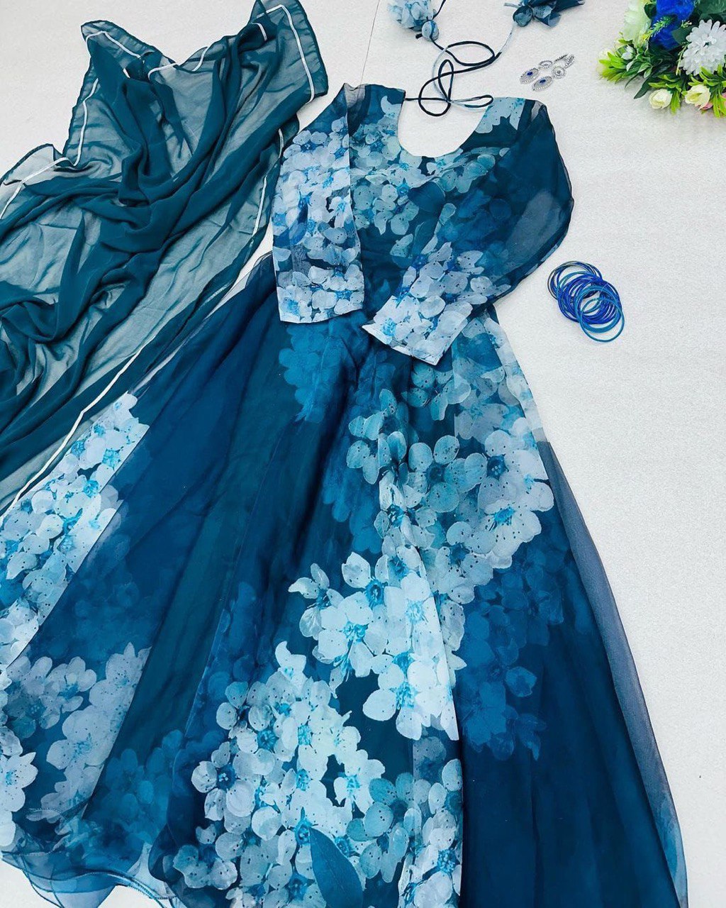 Mesmerizing Organza Silk Digital Printed Gown with Dupatta – For Elegant Events - Ethnicwish