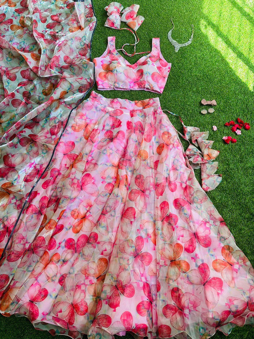Pink Colored Floral Organza Silk Lehenga Choli Set – Elegant & Festive Wear - Ethnicwish