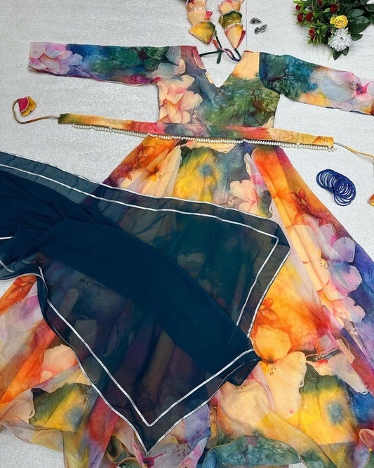 Classy Yellow Organza Silk Digital Printed Fully Stitched Gown With Dupatta - Ethnicwish