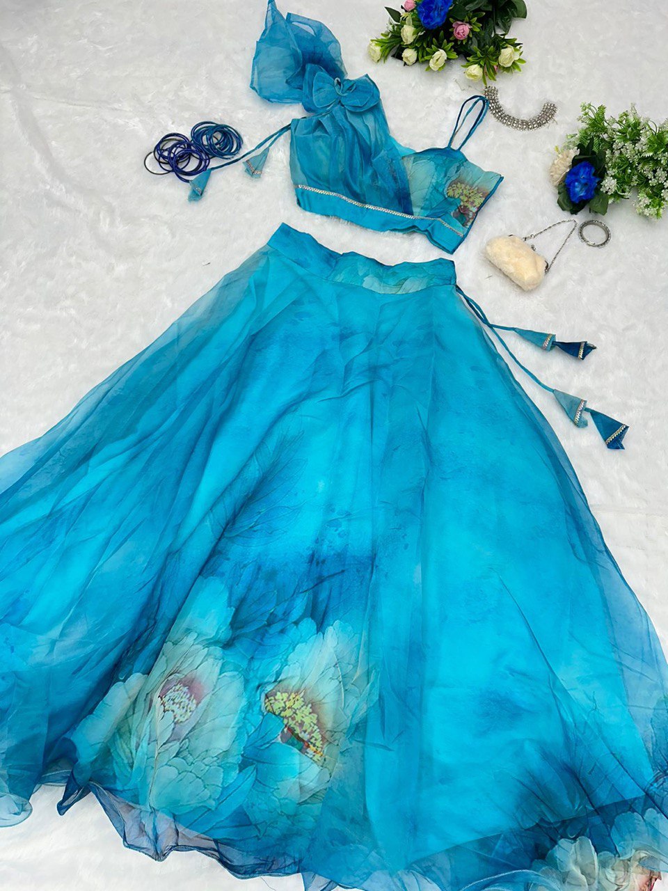 Splendid Sky Blue Floral Organza Silk Lehenga With Stitched Blouse - Ethnicwish