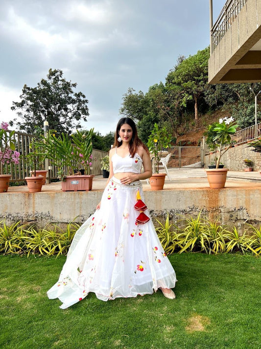 Arresting White Handprinted Organza Silk Lehenga Choli Set - Ethnicwish