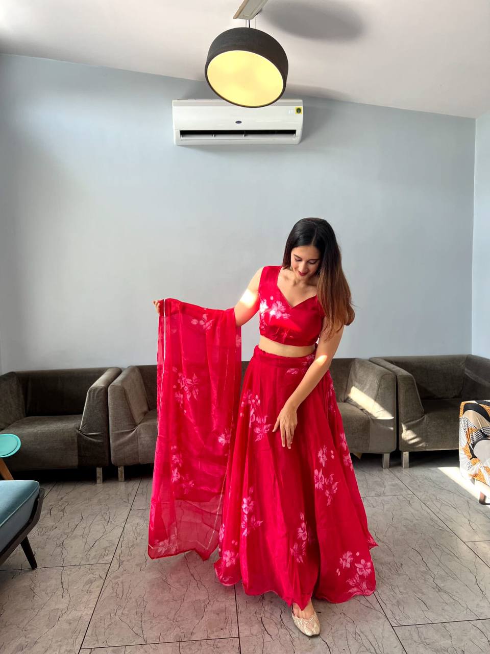 Stylish Floral Organza Silk Fully Stitched Lehenga Choli Set - Ethnicwish
