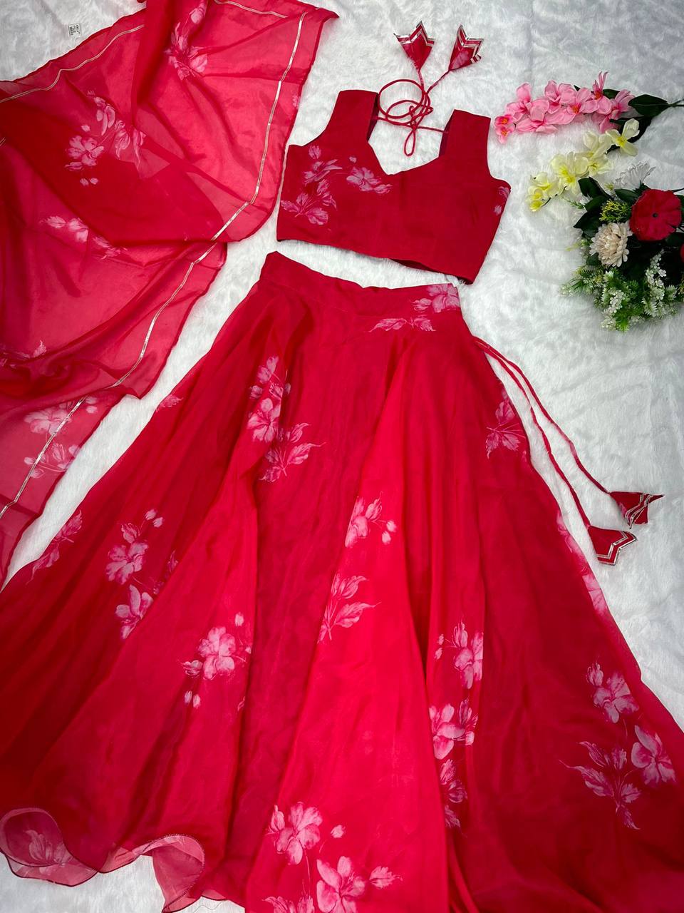 Stylish Floral Organza Silk Fully Stitched Lehenga Choli Set - Ethnicwish