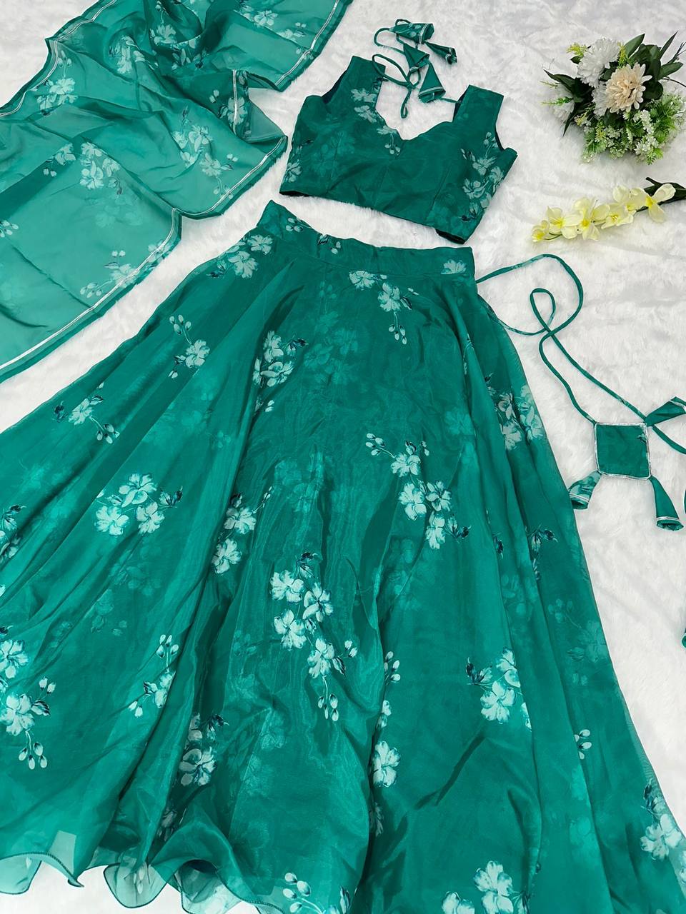 Stylish Floral Organza Silk Fully Stitched Lehenga Choli Set - Ethnicwish