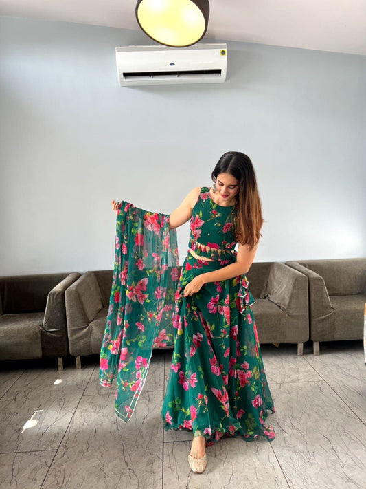 Appealing Green Georgette Floral Digital Printed Lehenga Choli - Ethnicwish