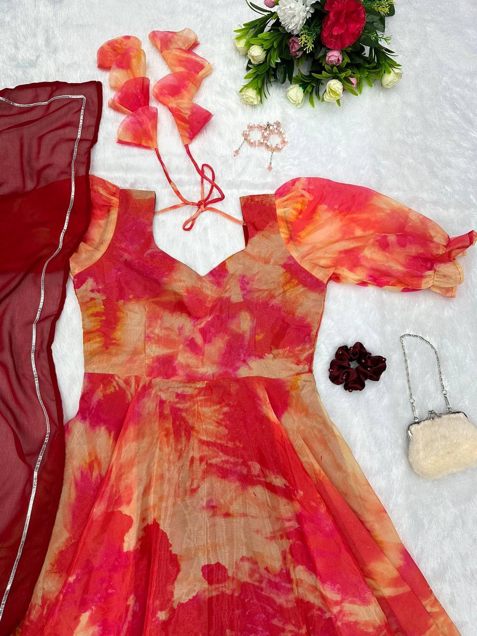 Captivating Orange Organza Silk Digital Printed Fully Stitched Gown With Dupatta - Ethnicwish