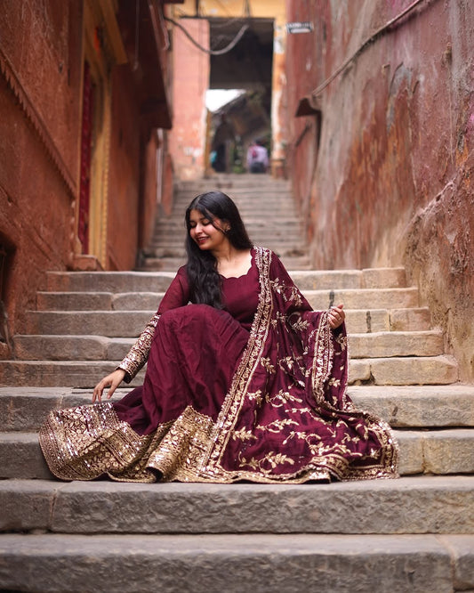 Alluring Maroon Faux Georgette Sequins Embroidered Anarkali Suit