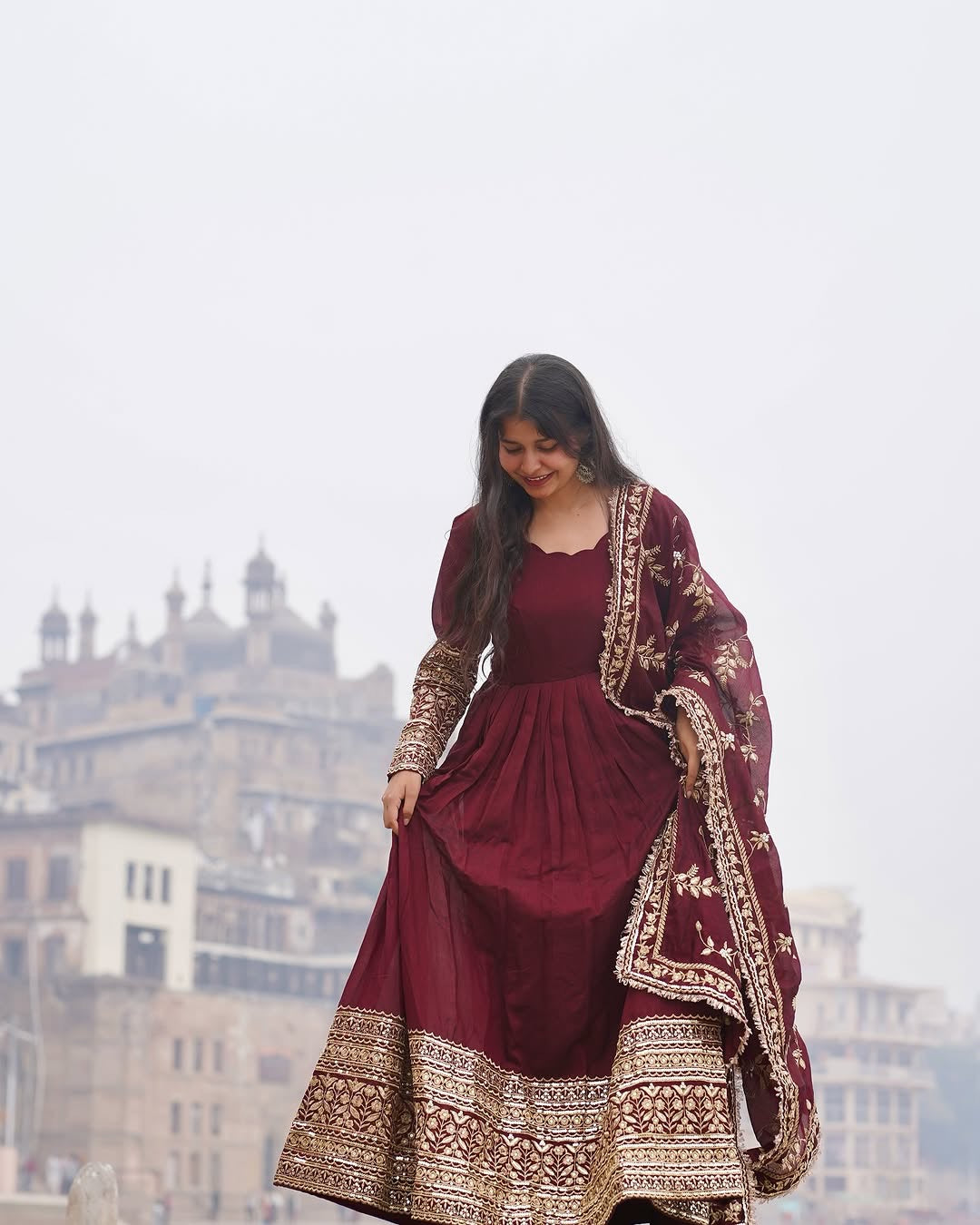 Alluring Maroon Faux Georgette Sequins Embroidered Anarkali Suit