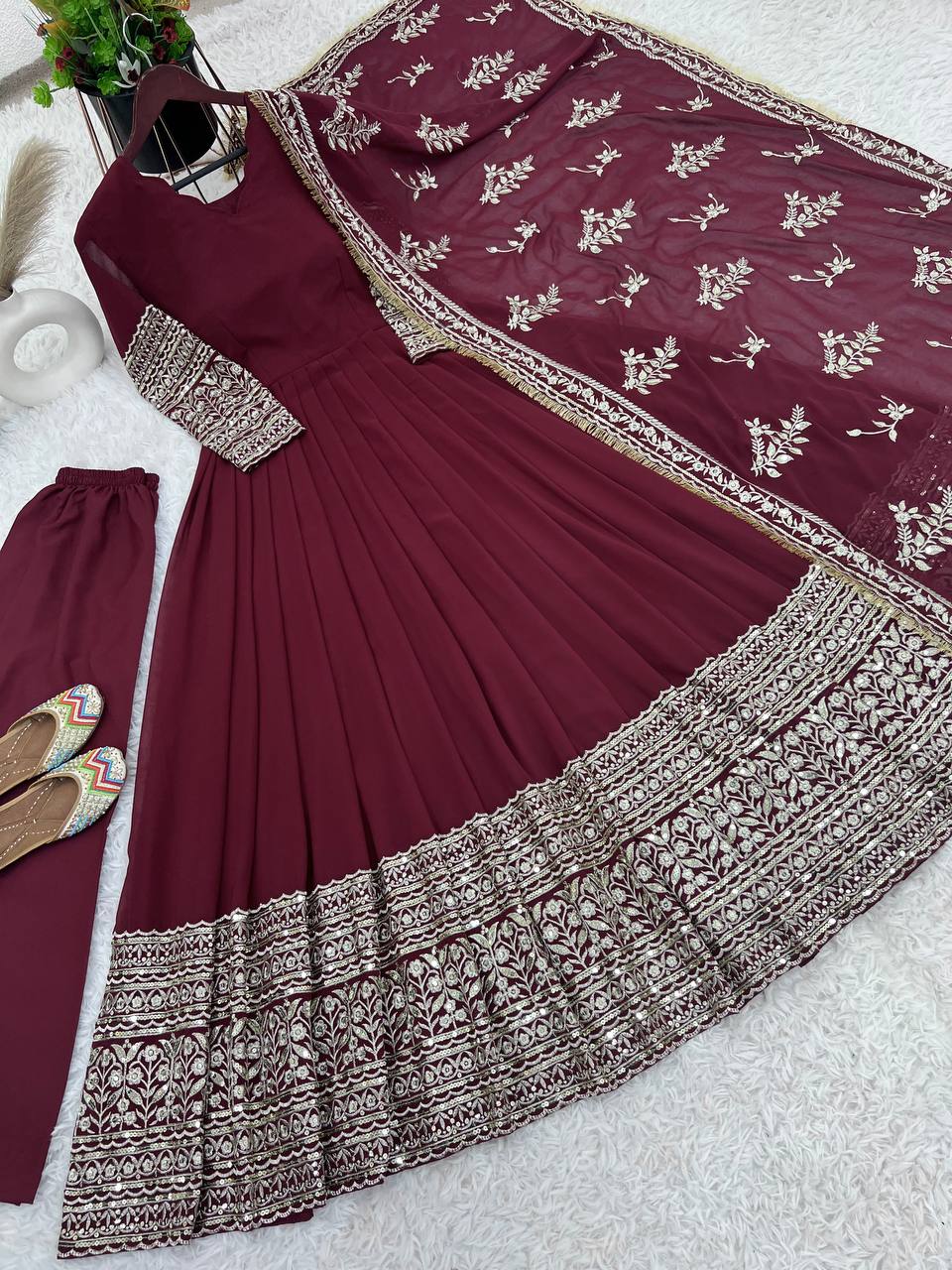 Alluring Maroon Faux Georgette Sequins Embroidered Anarkali Suit