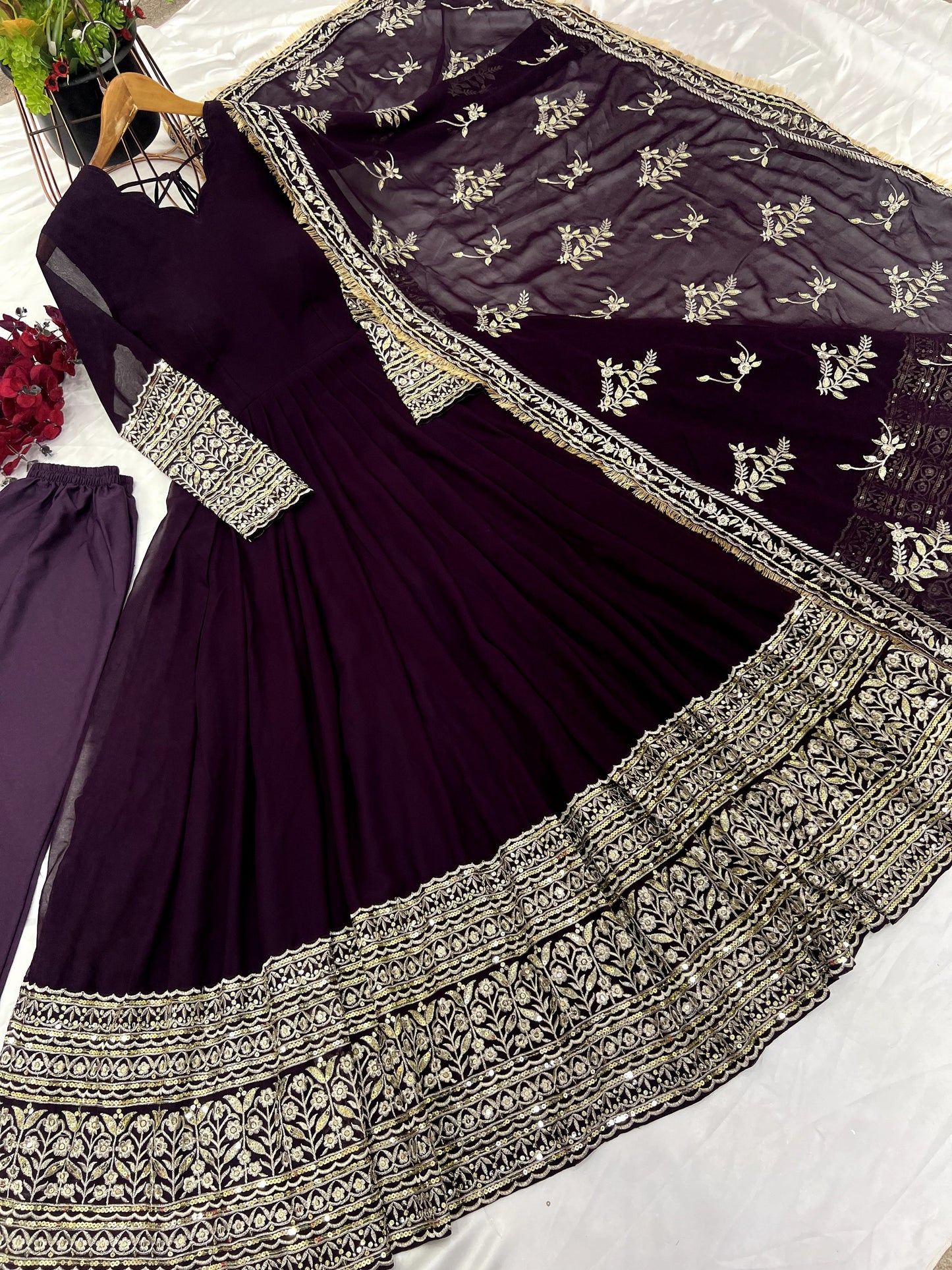 Fabulous Wine Faux Georgette Sequins Embroidered Anarkali Suit