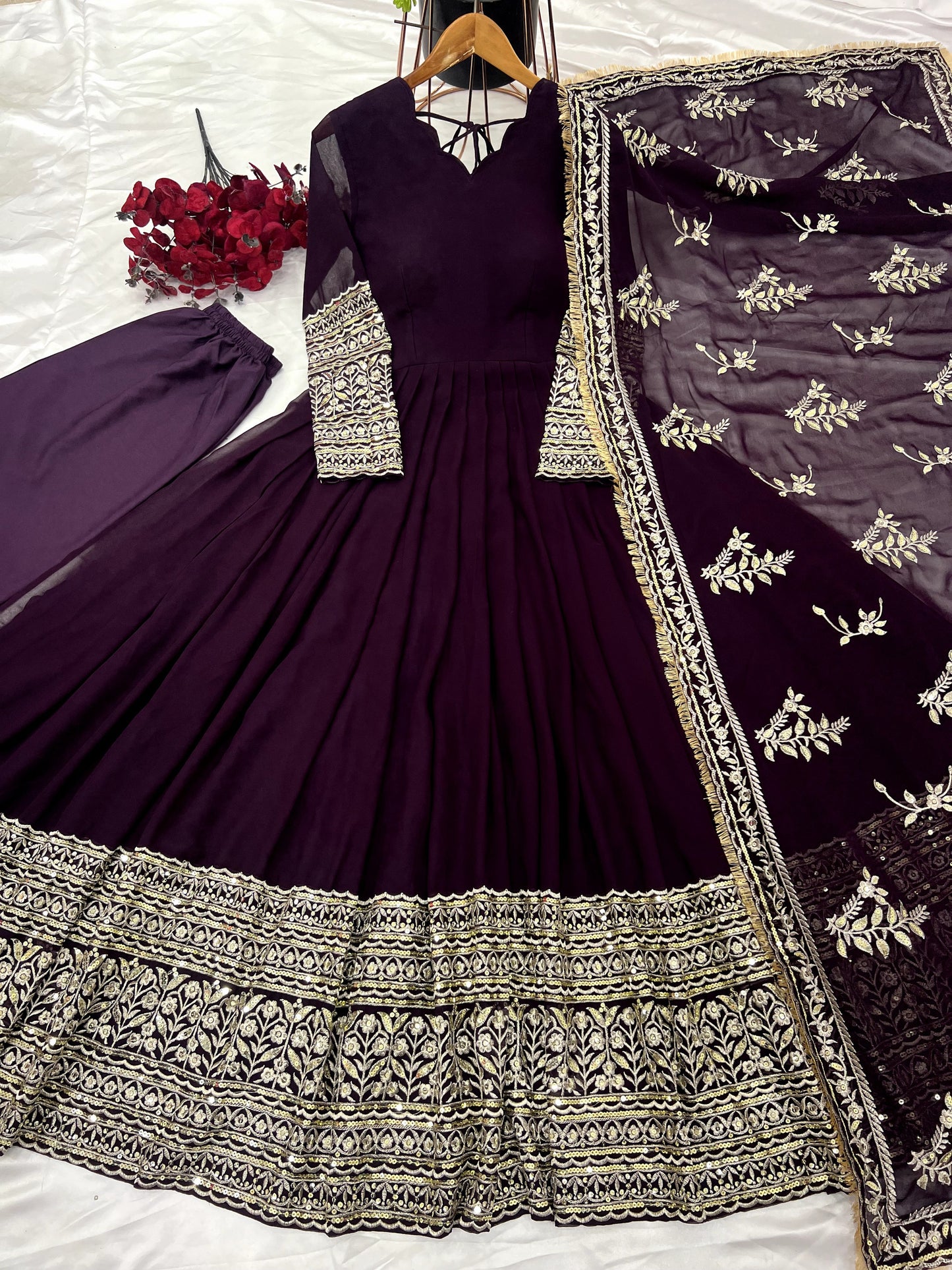Fabulous Wine Faux Georgette Sequins Embroidered Anarkali Suit