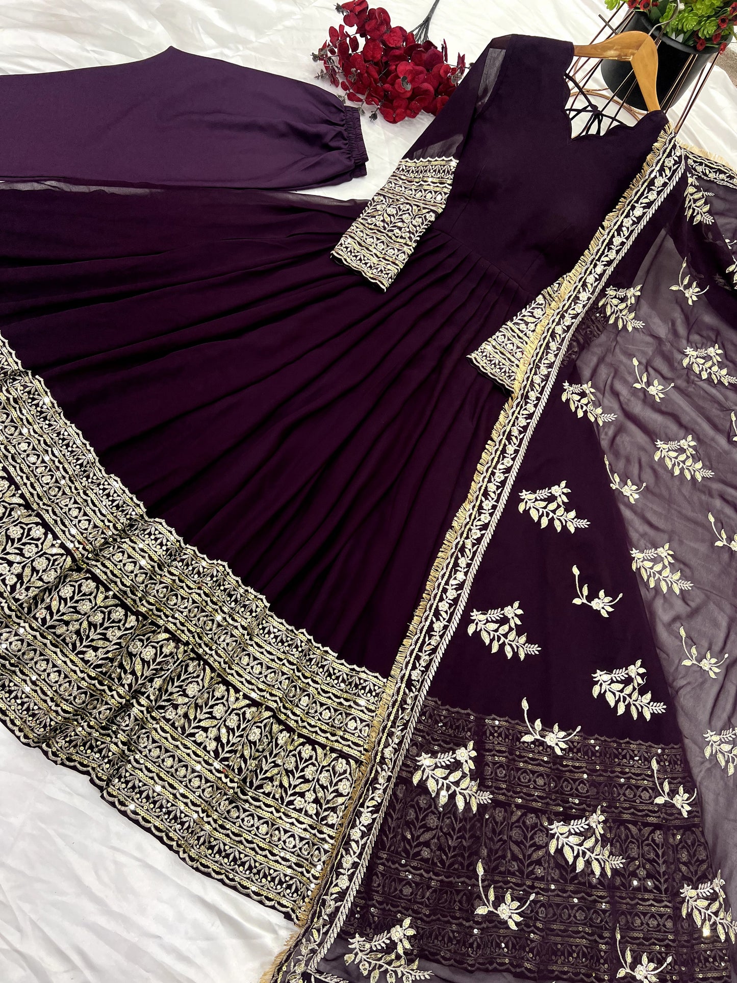 Fabulous Wine Faux Georgette Sequins Embroidered Anarkali Suit