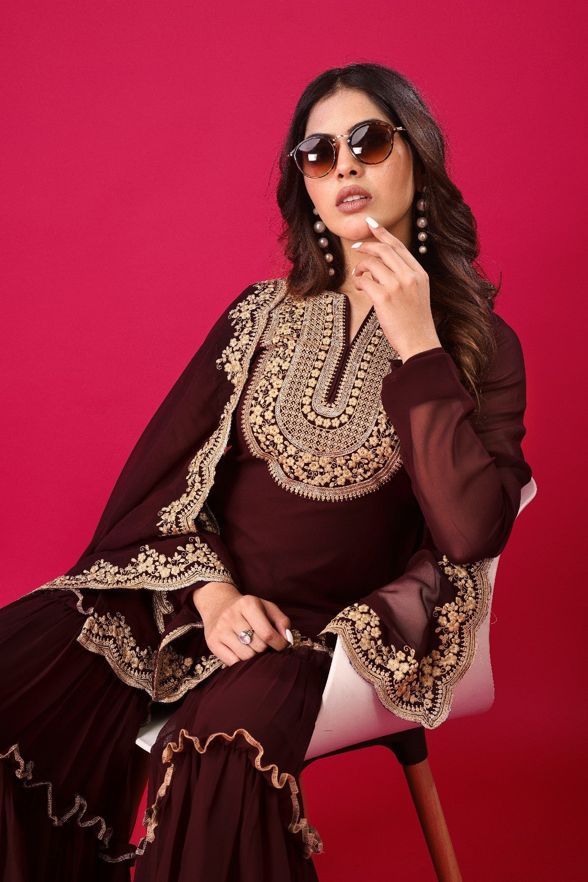 Fabulous Maroon Faux Georgette Sequins Embroidered Top Palazzo Suit - Ethnicwish