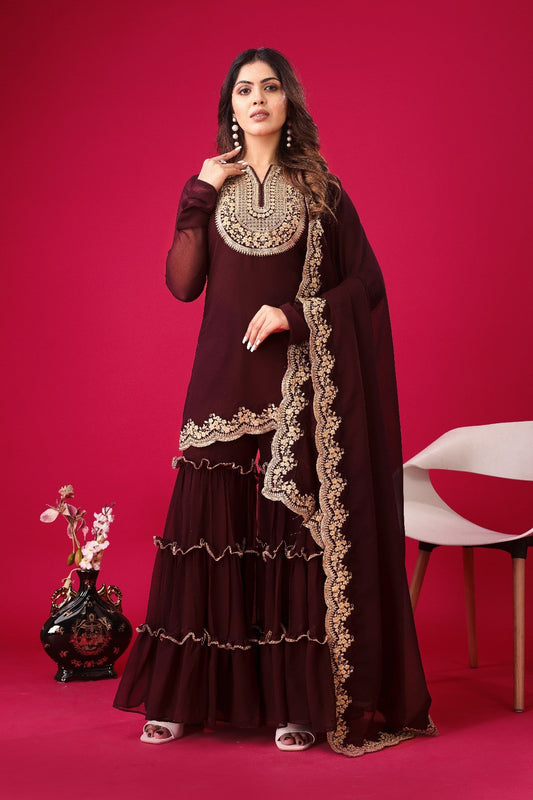 Fabulous Maroon Faux Georgette Sequins Embroidered Top Palazzo Suit - Ethnicwish