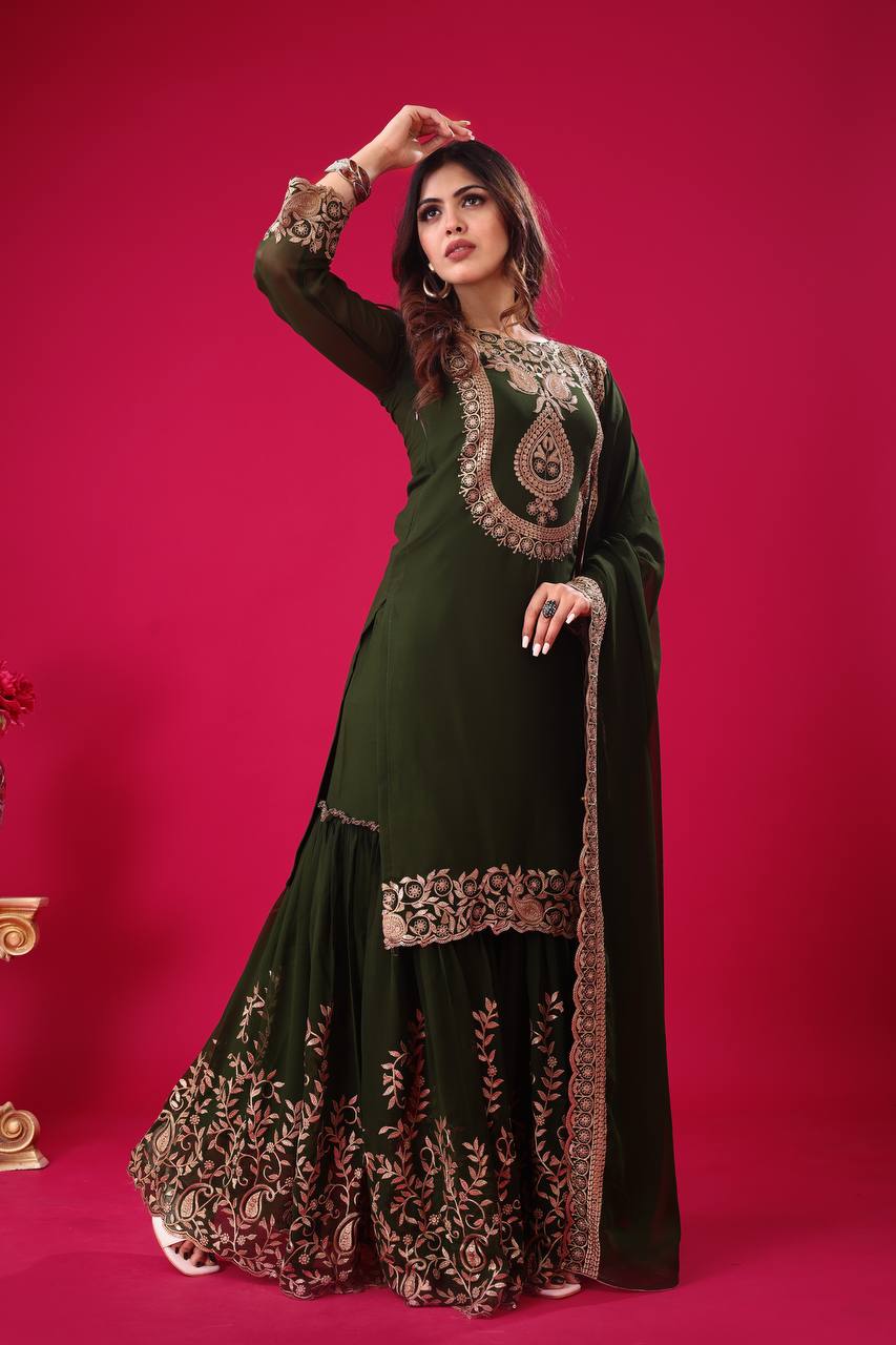 Divine Green Faux Georgette Sequins Embroidered Top Palazzo Suit - Ethnicwish