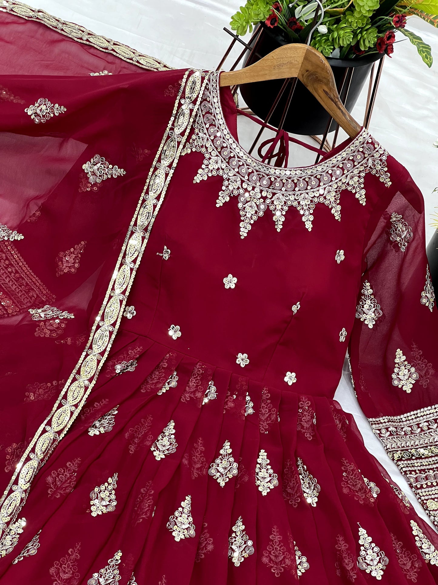 Sublime Maroon Faux Georgette Sequins Embroidered Anarkali Suit