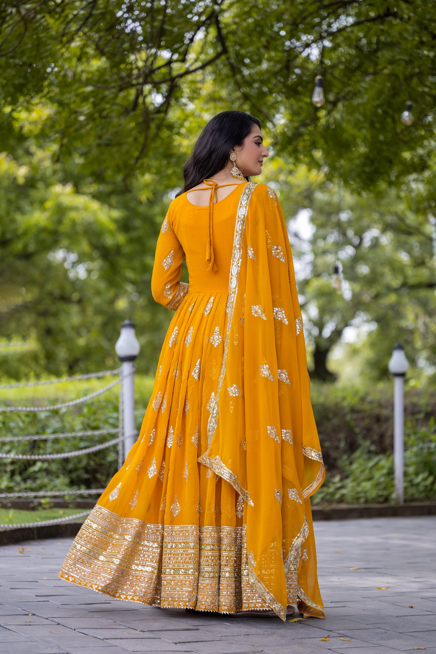Luminous Mustard Yellow Faux Georgette Sequins Embroidered Anarkali Suit