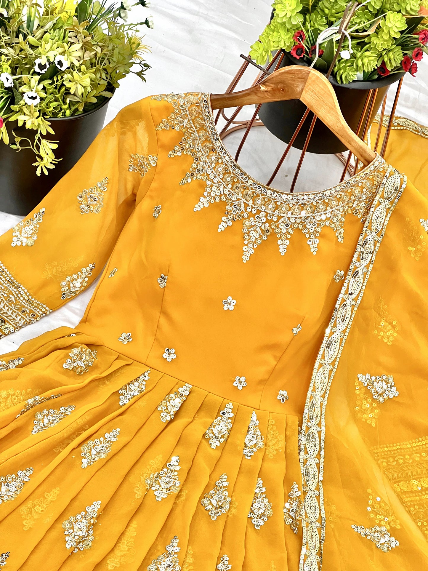 Luminous Mustard Yellow Faux Georgette Sequins Embroidered Anarkali Suit