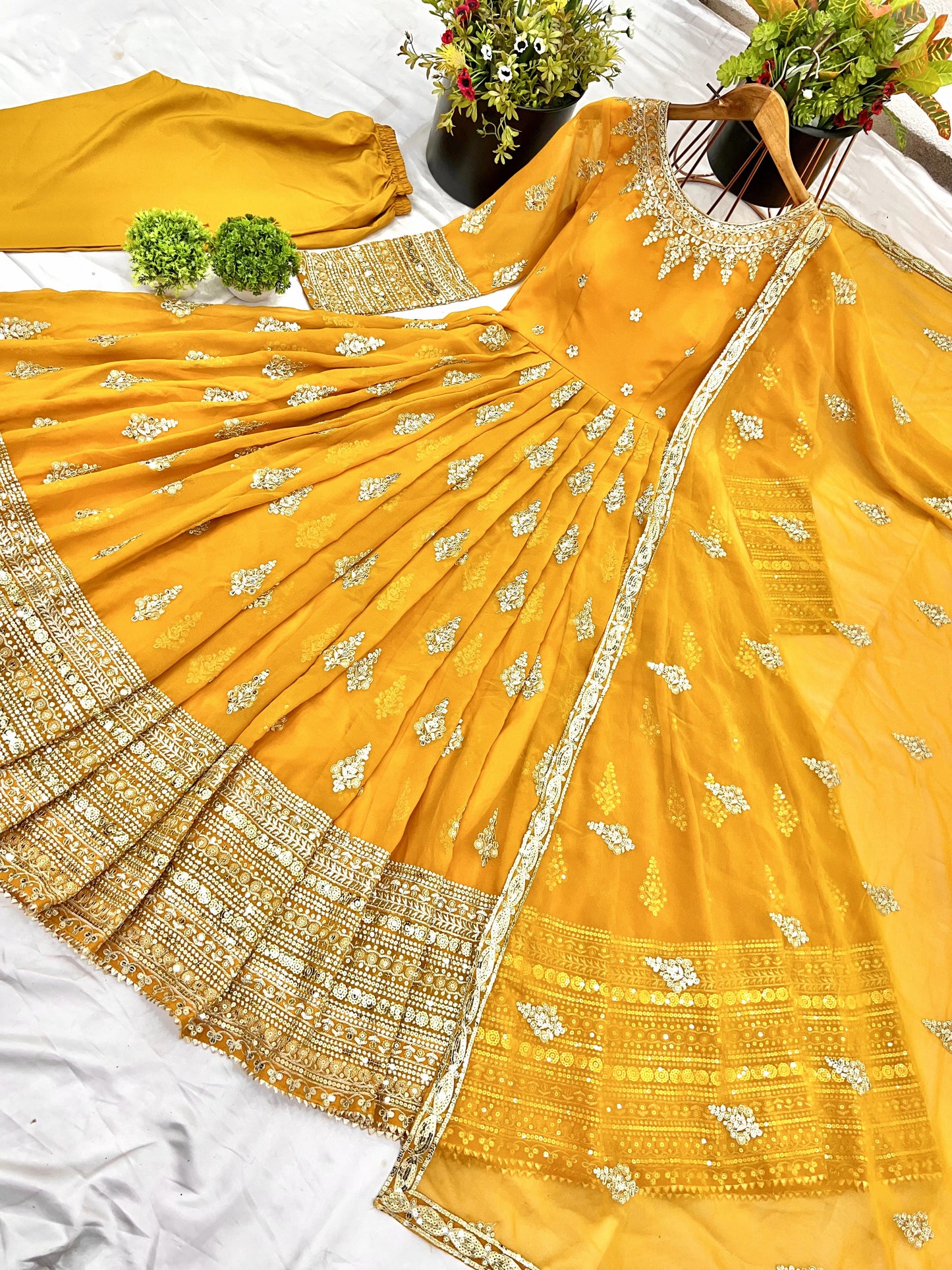 Luminous Mustard Yellow Faux Georgette Sequins Embroidered Anarkali Suit