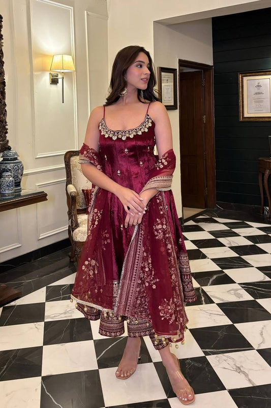 Trendy Premium Wine Color Anarkali Set with Hand Embroidery & Designer Dupatta