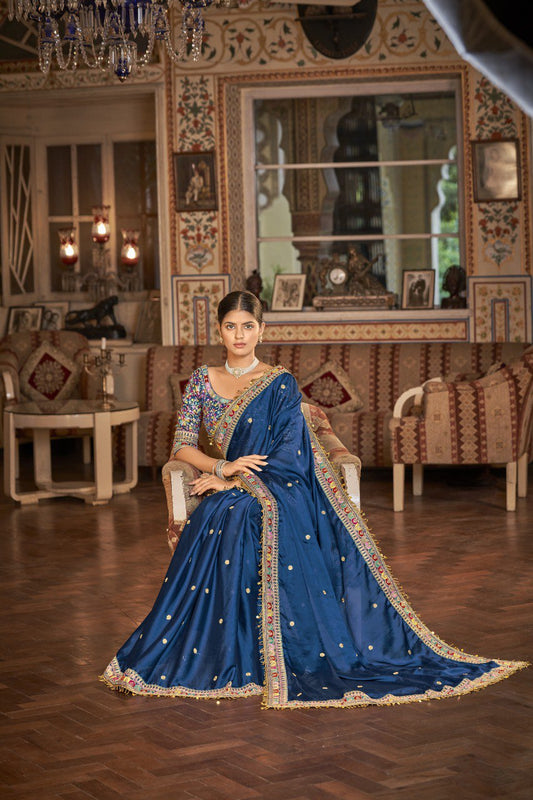 Navy Blue Georgette Saree with Resham, Zari & Sequins Work