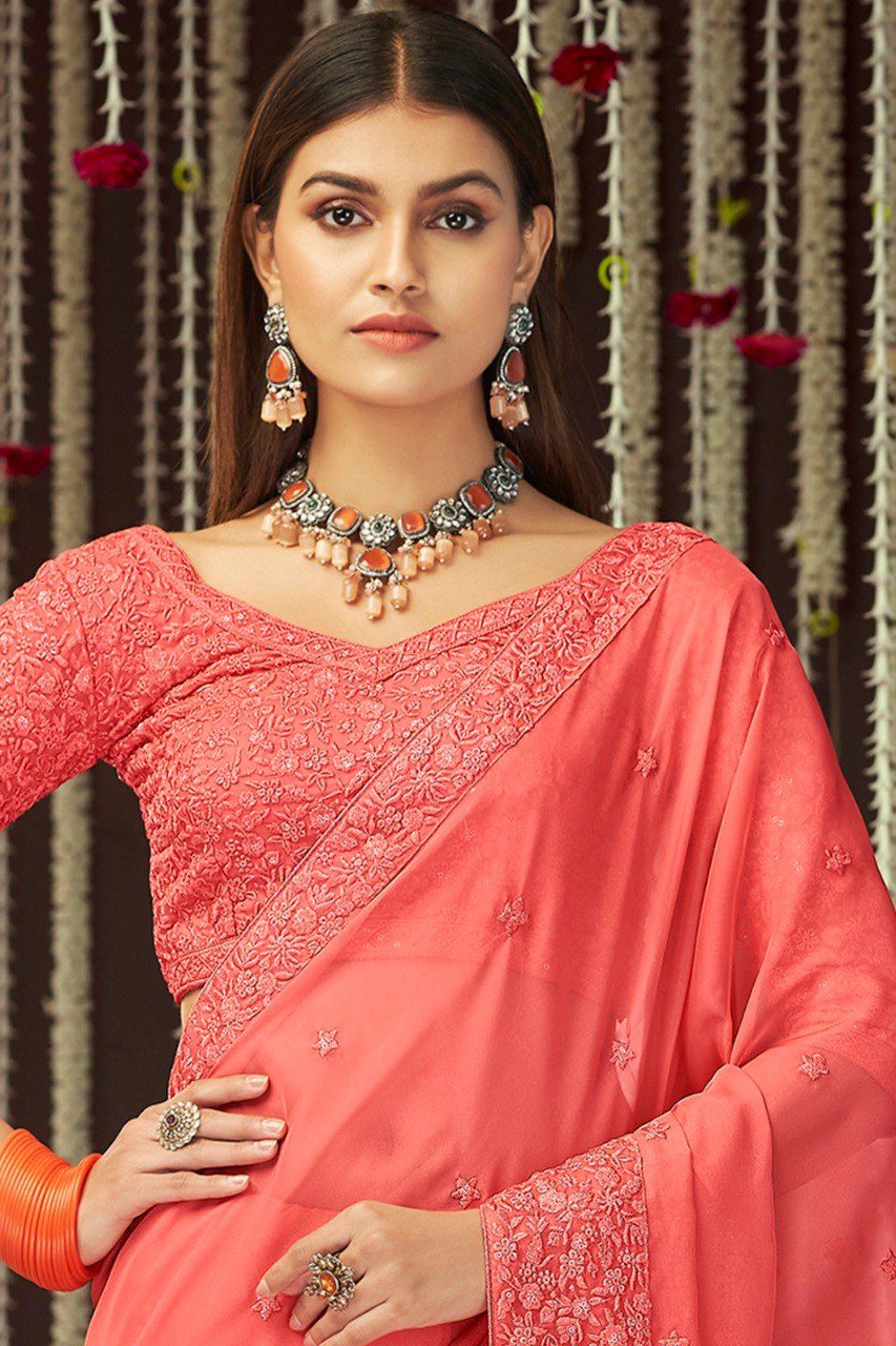 Grace in Peach Pink – Georgette Saree with Thread & Sequins Work