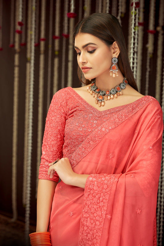 Grace in Peach Pink – Georgette Saree with Thread & Sequins Work