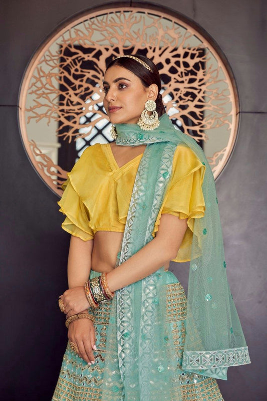 Turquoise Organza Lehenga with Thread, Sequins, Zari, and Foil Mirror Work