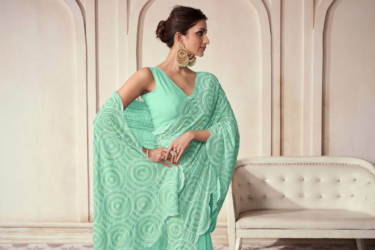 Aqua Georgette Saree With Elegant Embroidery Work