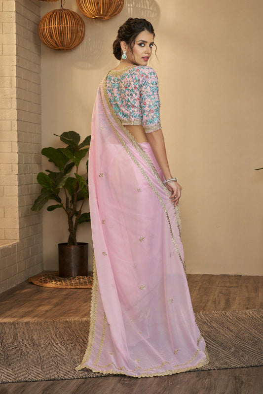 Pink Organza Saree With Resham & Zari Embroidery
