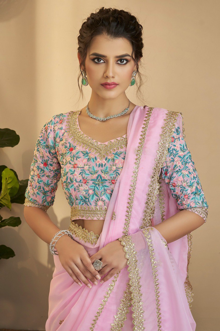 Pink Organza Saree With Resham & Zari Embroidery