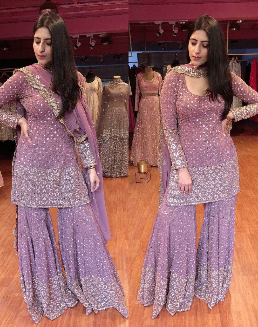 Lilac Georgette Top Sharara Suit With 9-mm Sequins & Zari Work