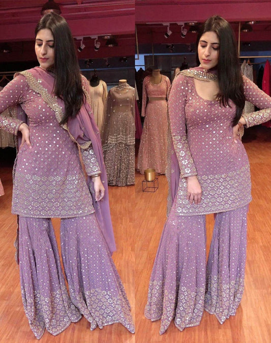 Lilac Georgette Top Sharara Suit With 9-mm Sequins & Zari Work