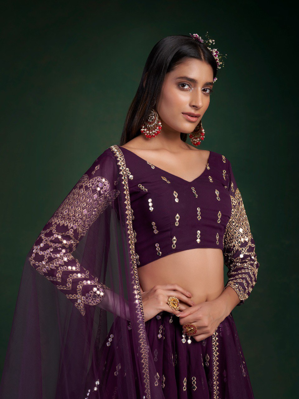 Wine Georgette Lehenga Set with Zari, Sequins & Foil Mirror Work