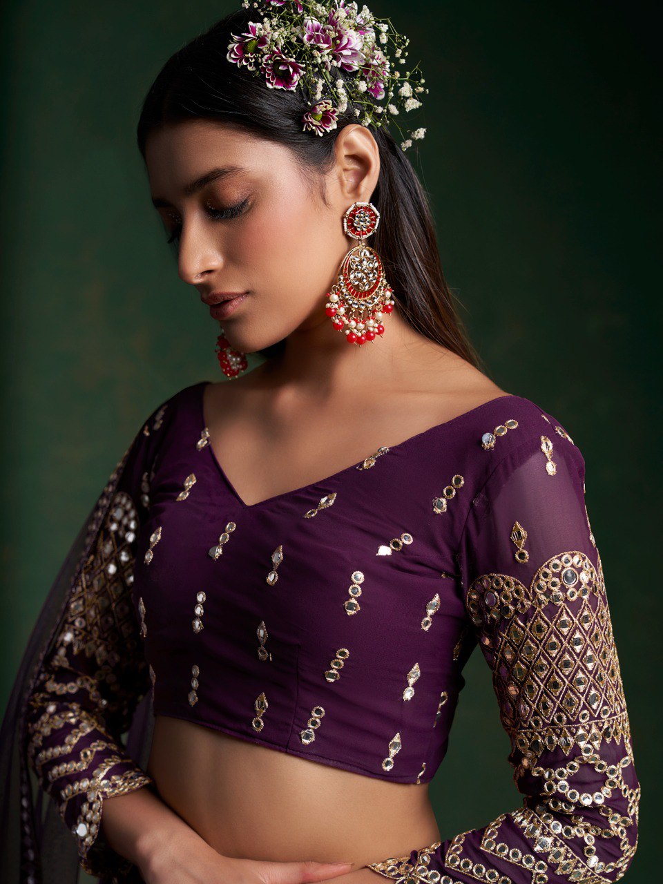 Wine Georgette Lehenga Set with Zari, Sequins & Foil Mirror Work
