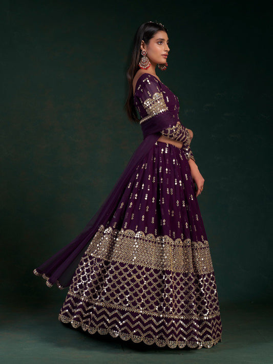 Wine Georgette Lehenga Set with Zari, Sequins & Foil Mirror Work